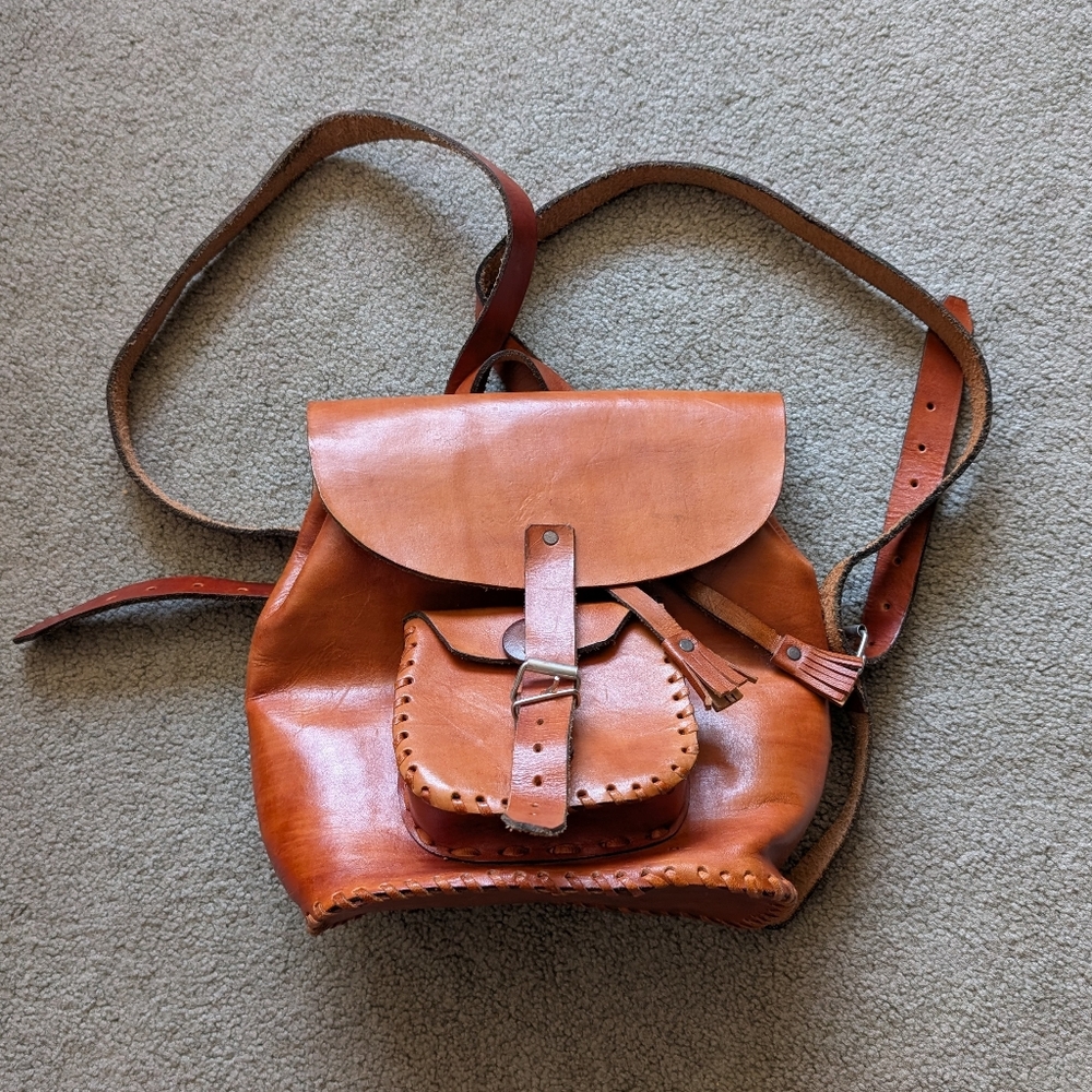 Hand Tooled Brown Leather Backpack - image 1